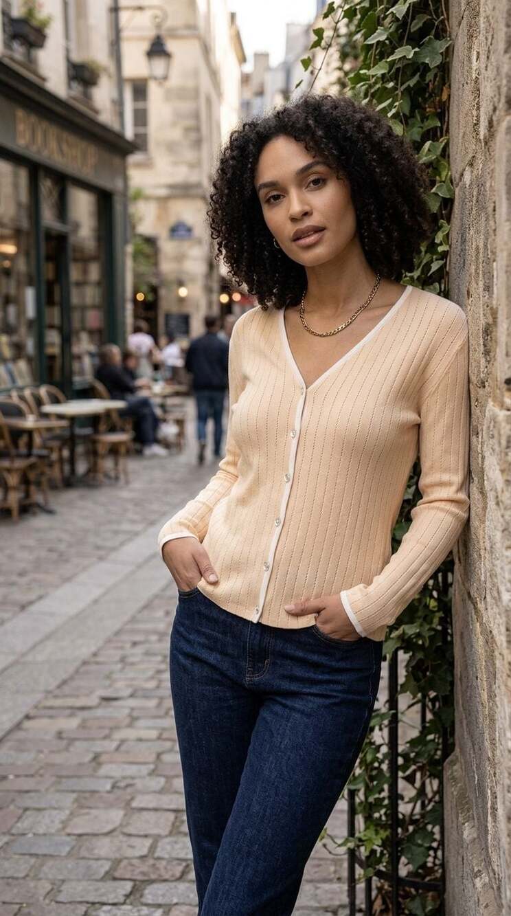 Womens Peach Ribbed Knit V-Neck Button Down Cardigan Sweater